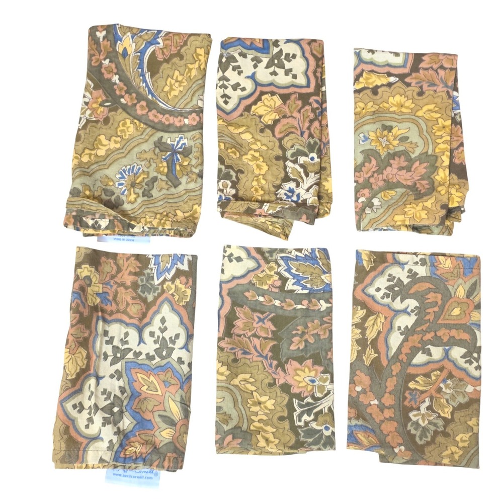 April Cornell Set of 6 Cotton Napkins VTG Cottage Paisley Floral Green Yellow - Picture 1 of 8